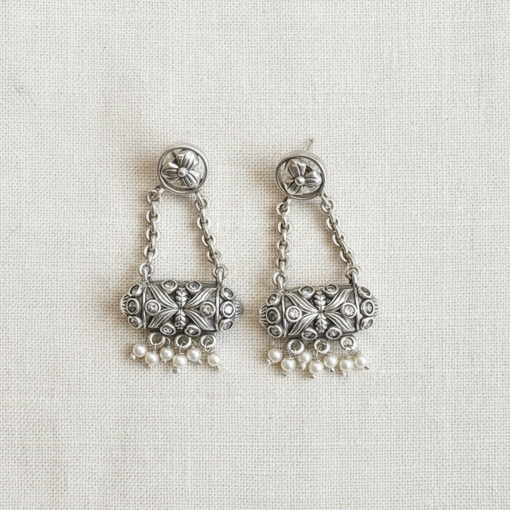 Oxidised German Silver Chain Drop Earrings with Pearl Danglers