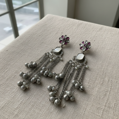 Oxidised German Silver Floral Tassel Earrings with Ghungroo & Pearl Drops