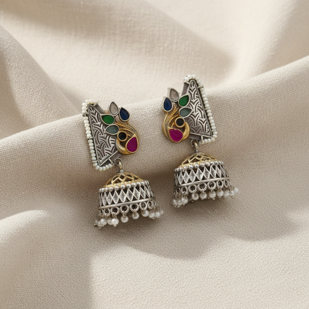 German Silver Peacock Jhumka Earrings for Women | Lady Zone