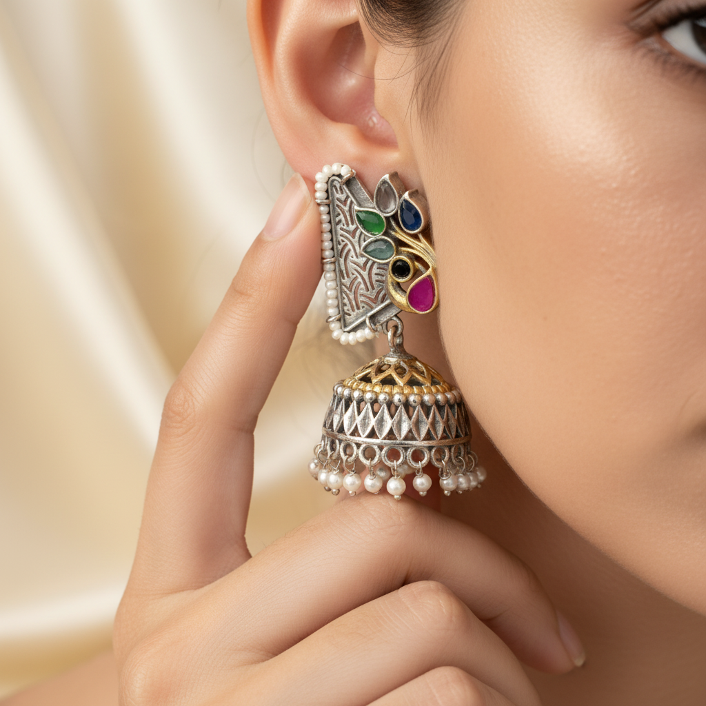 German Silver Peacock Jhumka Earrings for Women | Lady Zone