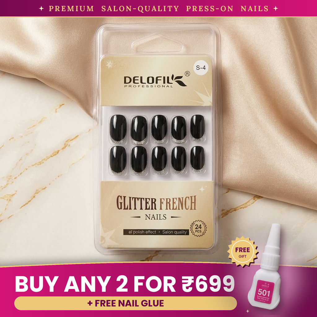Premium Black & Silver Glitter French Press-On Nails | Lady Zone