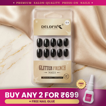 Premium Black & Silver Glitter French Press-On Nails | Lady Zone