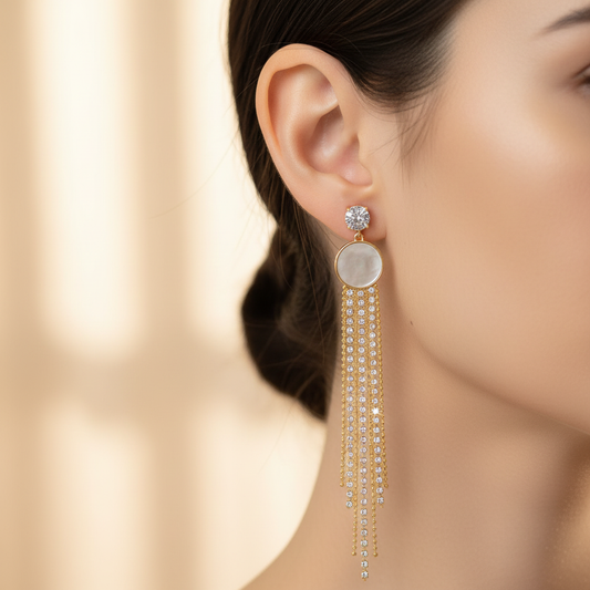 Long Crystal Chain Drop Earrings with MOP