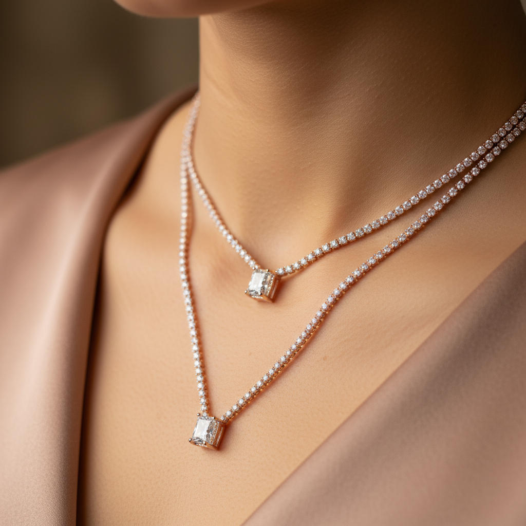 Elegant Rose Gold Layered Crystal Necklace