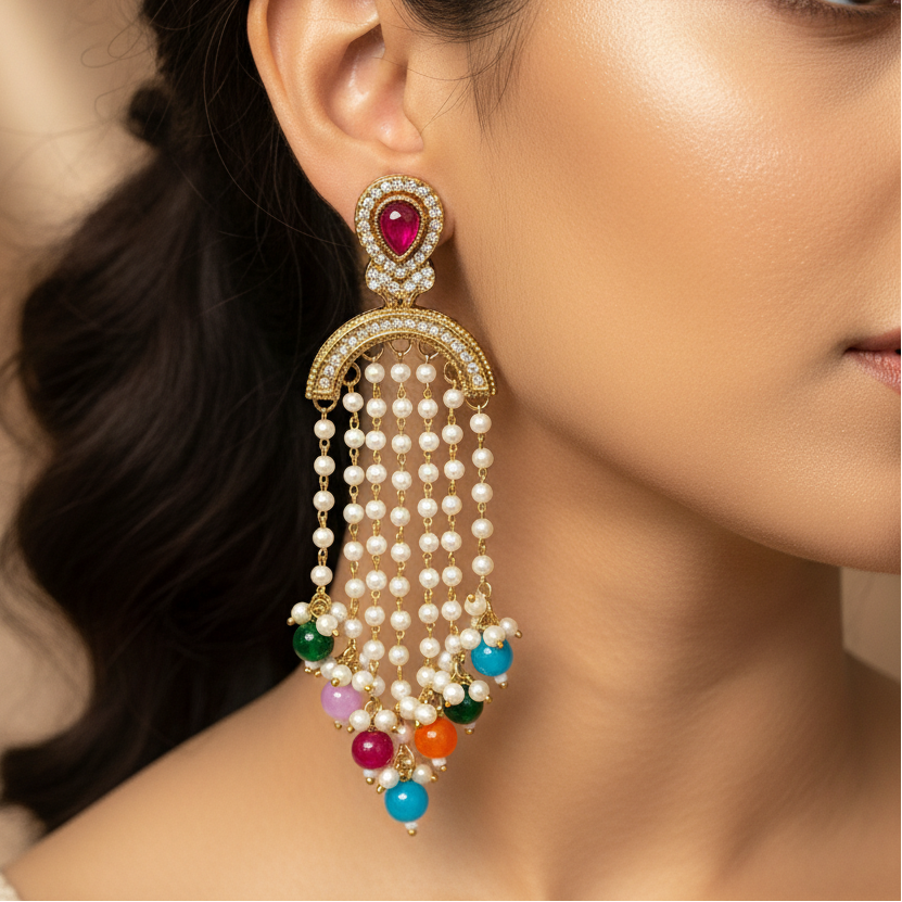 Long Drop Pearl Earrings with Stone