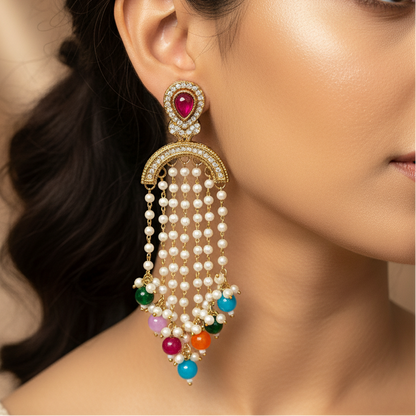 Long Drop Pearl Earrings with Stone