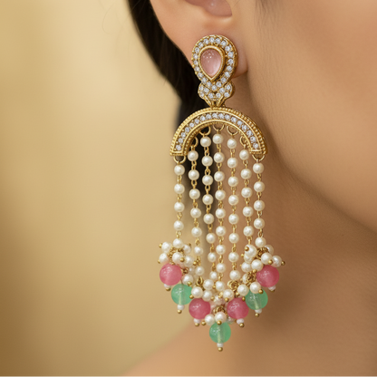 Long Drop Pearl Earrings with Stone