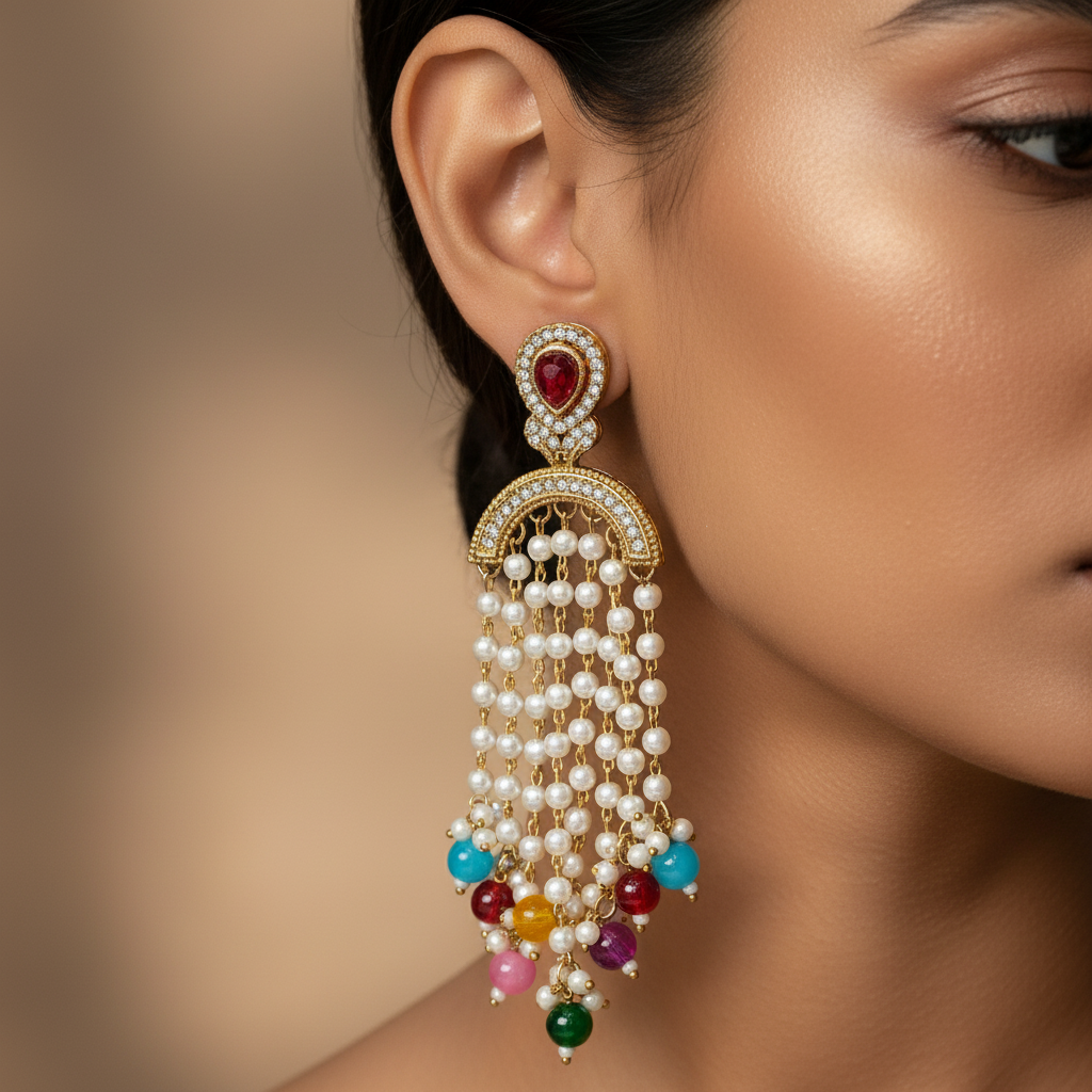 Long Drop Pearl Earrings with Stone