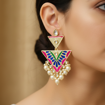 Royal Meenakari Triangle Pearl Drop Traditional Earrings