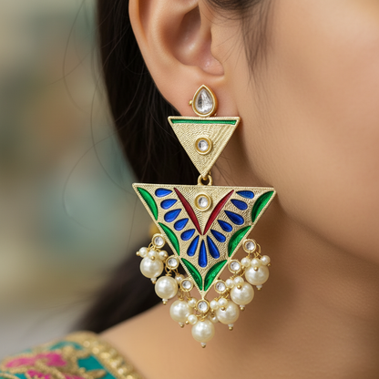 Royal Meenakari Triangle Pearl Drop Traditional Earrings
