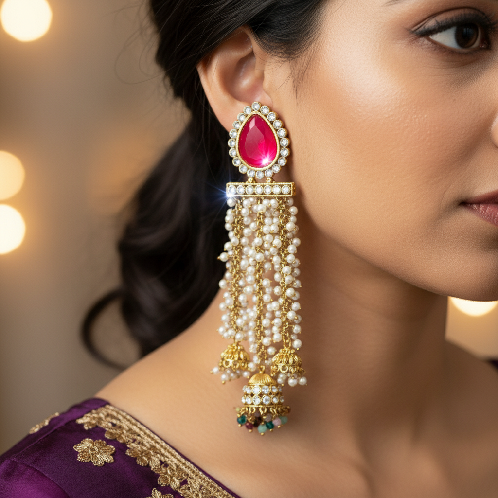 Ruby Kundan Pearl Tassel Jhumka Earrings