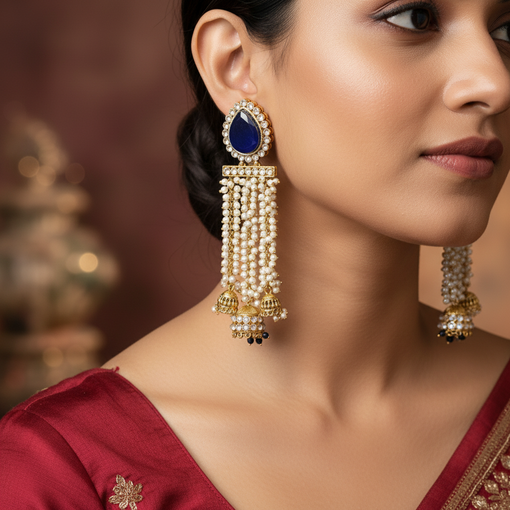 Ruby Kundan Pearl Tassel Jhumka Earrings