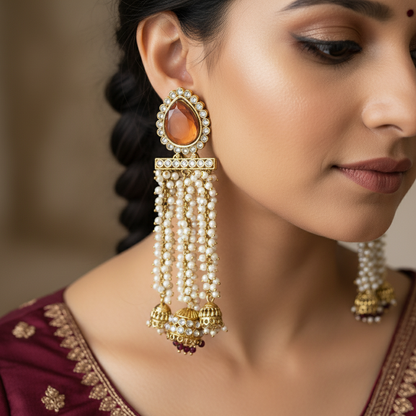 Ruby Kundan Pearl Tassel Jhumka Earrings