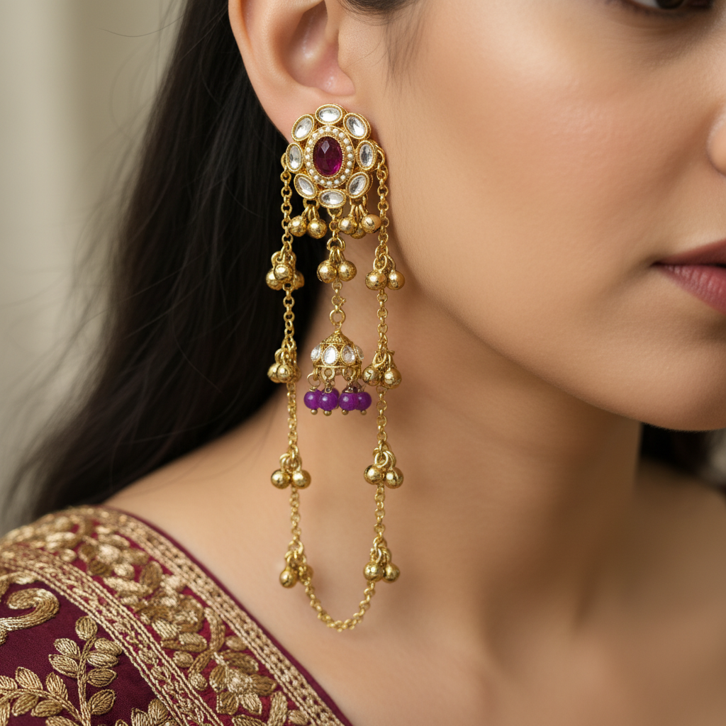 Emerald Kundan Long Jhumka Earrings with Pearl & Chain Drops