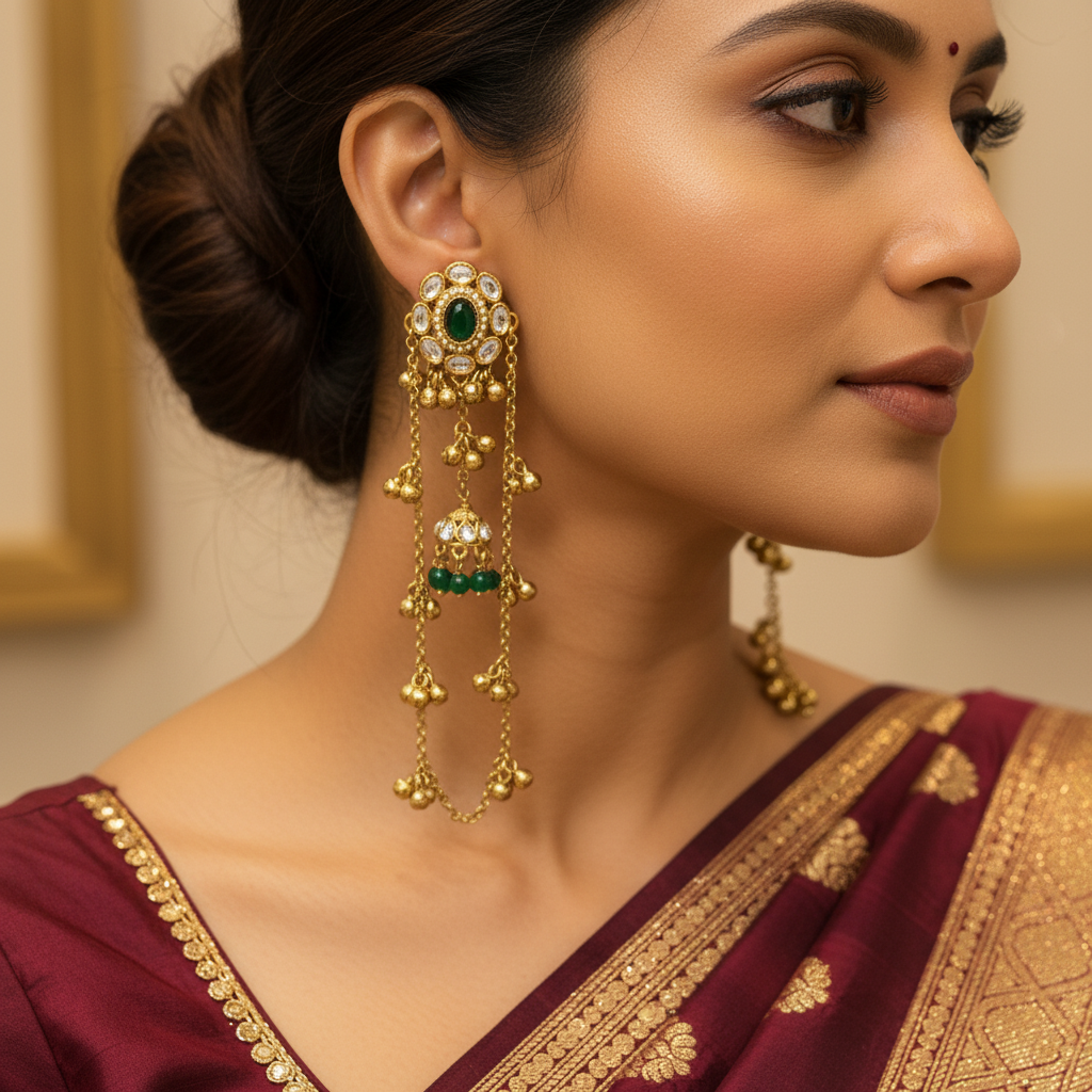 Emerald Kundan Long Jhumka Earrings with Pearl & Chain Drops