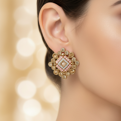 Blush Kundan Square Stud Traditional Earrings