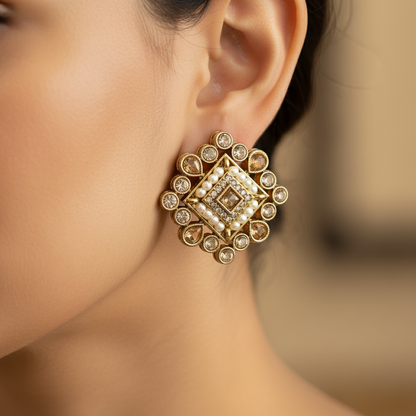 Blush Kundan Square Stud Traditional Earrings