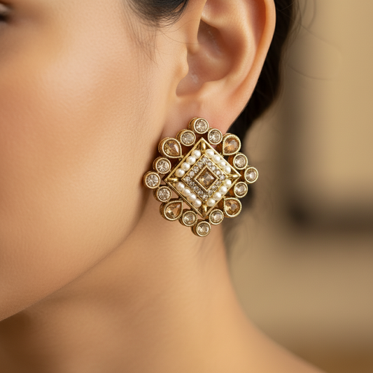 Blush Kundan Square Stud Traditional Earrings