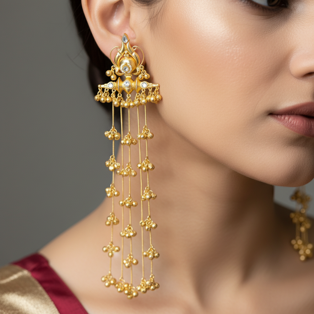 Kashmiri Gold Finish Traditional Long Jhumka Earrings
