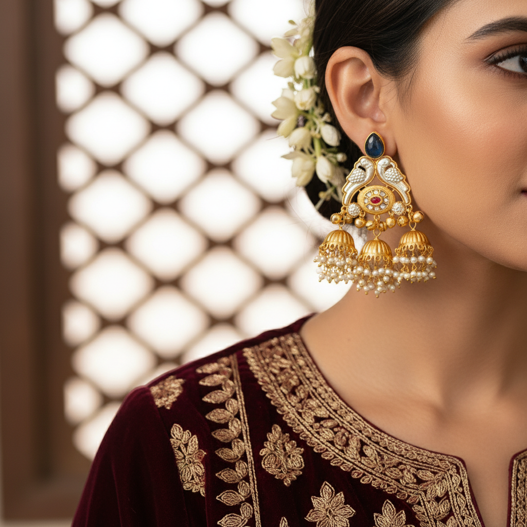 Royal Kashmiri Jhumka Earrings with Pearl Drops