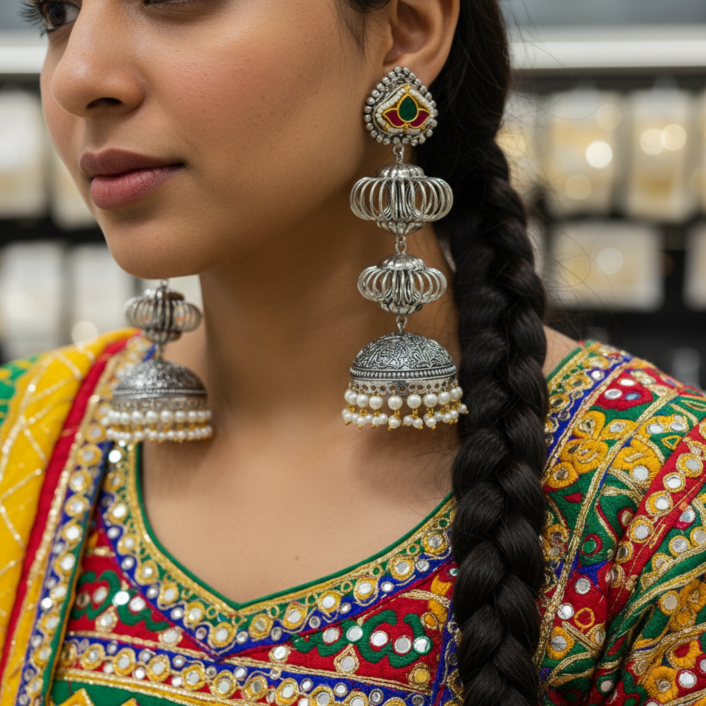 Aarohi Oxidised German Silver Long Jhumka Earrings