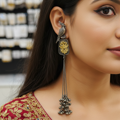Morni Bird Motif Oxidised German Silver Long Earrings