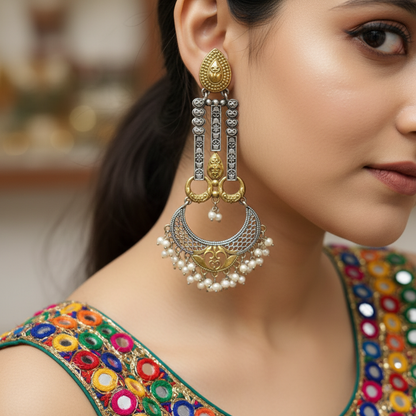 Oxidised German Silver with Chand and Pearl Drop Earrings