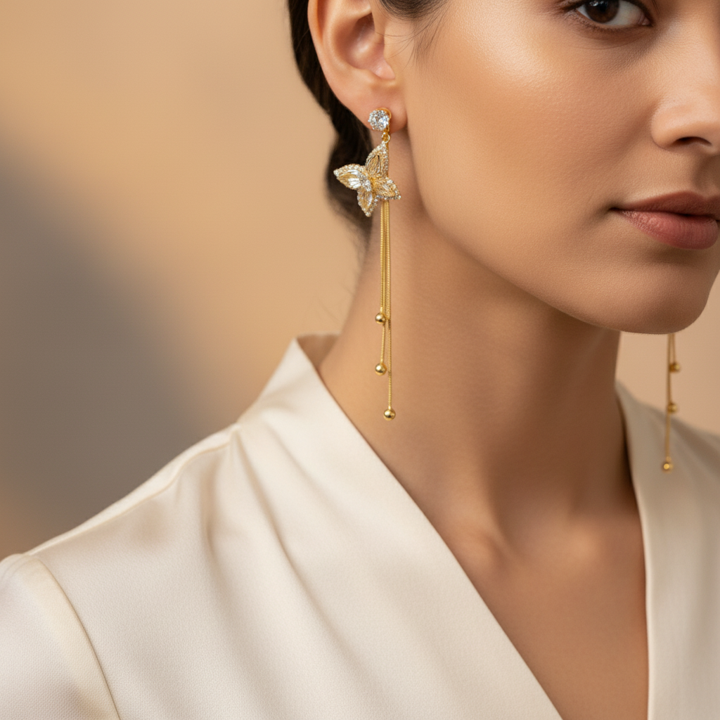 Crystal Butterfly Gold Chain Drop Western Earrings