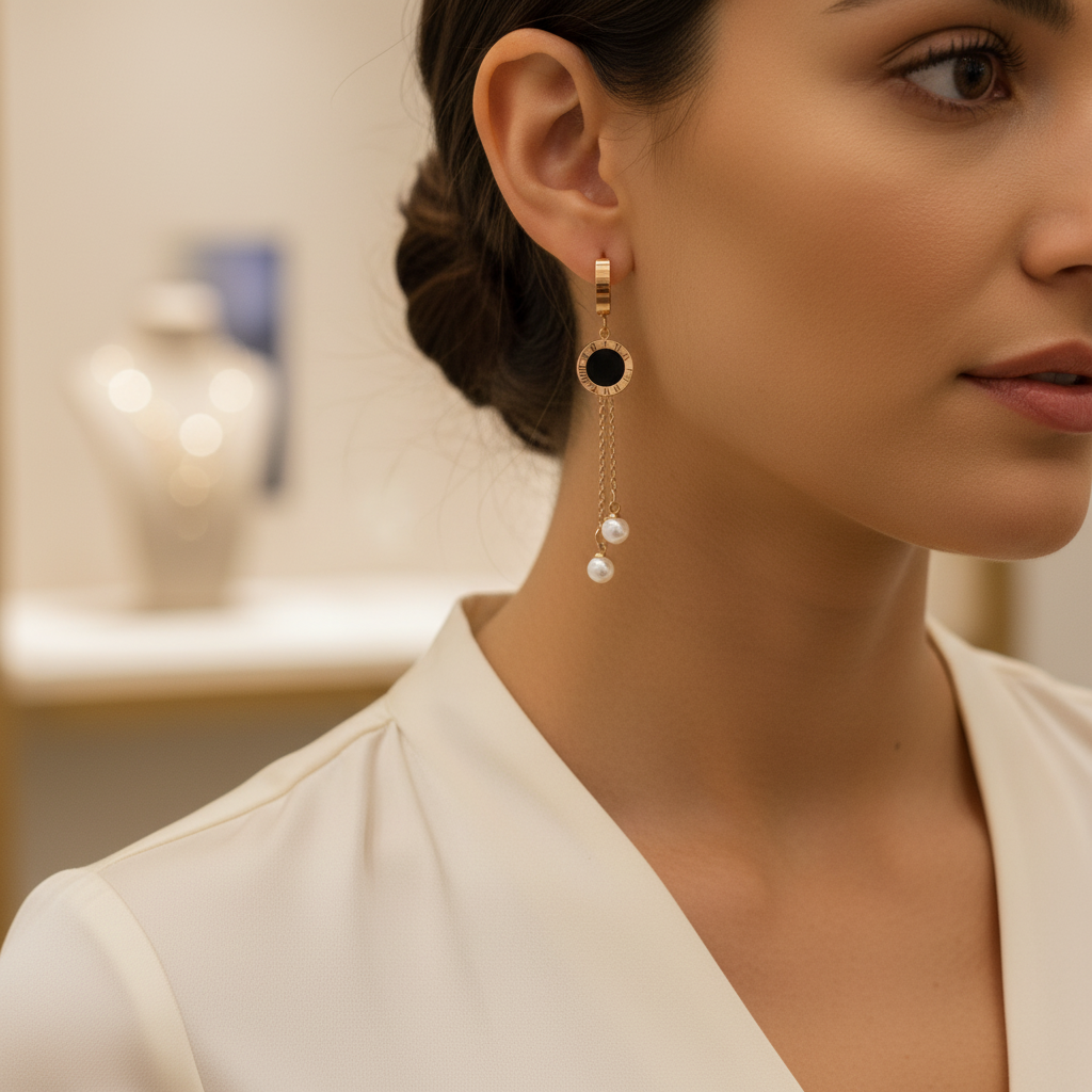 Rose Gold Plating Pearl Tassel Western Hoop S.S Earrings