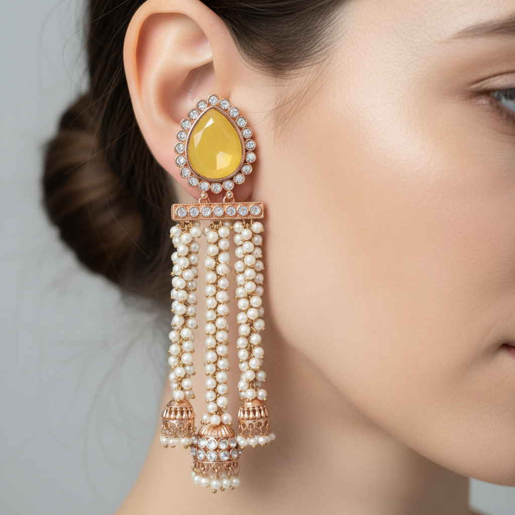 Ruby Kundan Pearl Tassel Jhumka Earrings