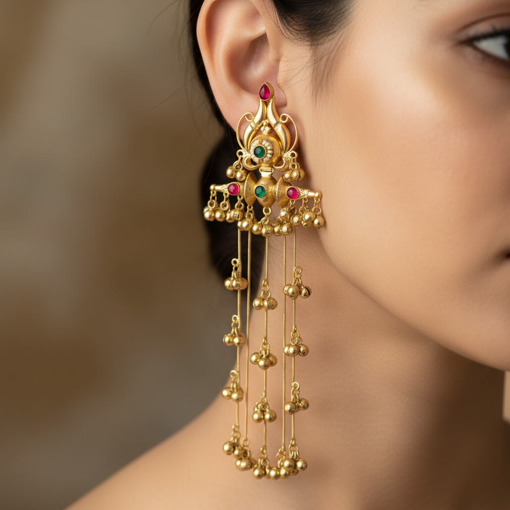 Kashmiri Gold Finish Traditional Long Jhumka Earrings
