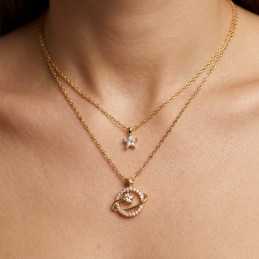 Gold Star Planet Layered Necklace for Women