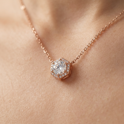 Rose Gold Hexagon Crystal Pendant Necklace for Women