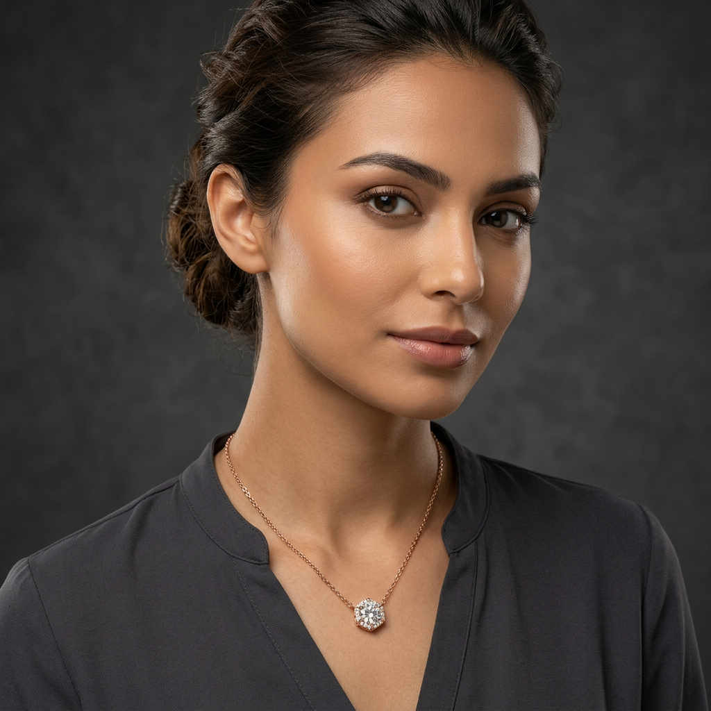 Rose Gold Hexagon Crystal Pendant Necklace for Women