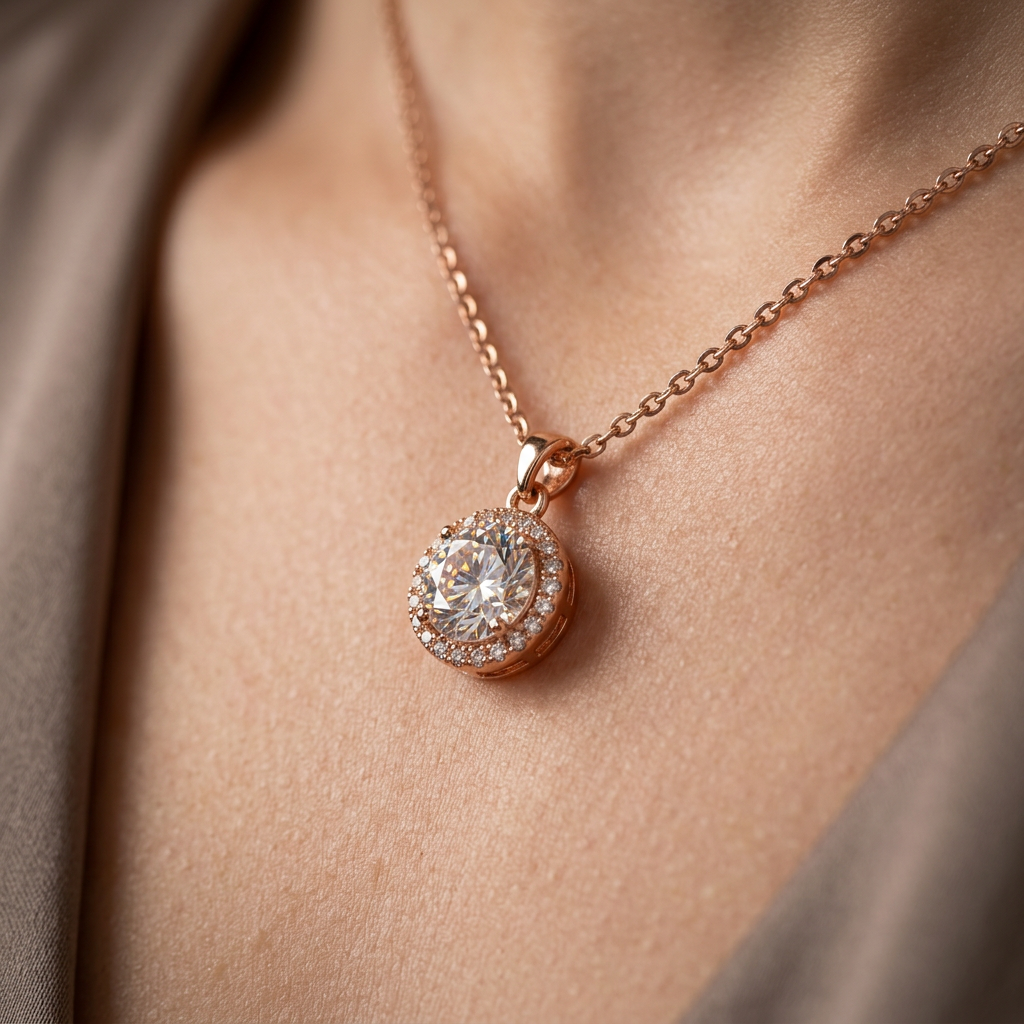 Round Crystal Halo Pendant Necklace for Women
