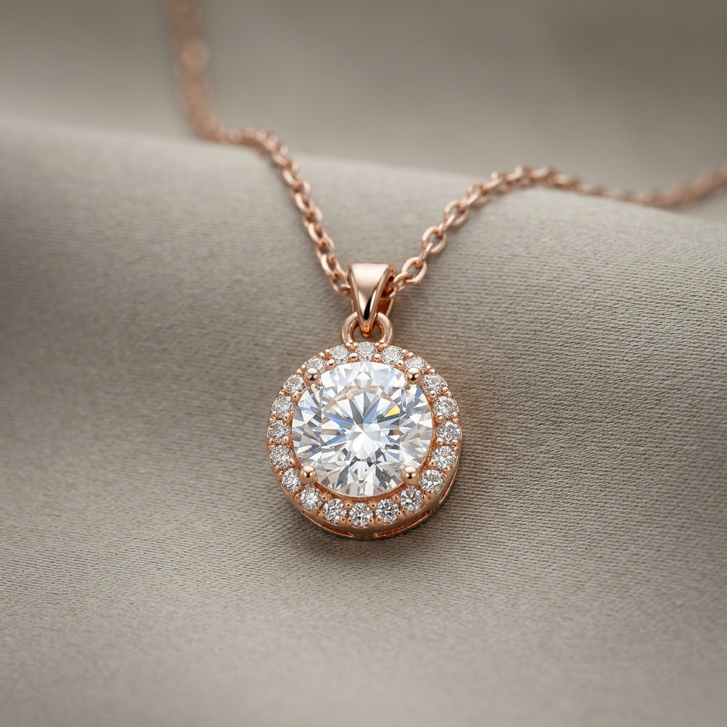 Round Crystal Halo Pendant Necklace for Women