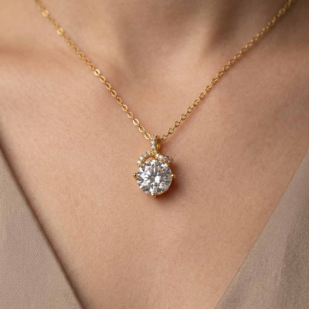 Round Crystal Solitaire Pendant Necklace for Women