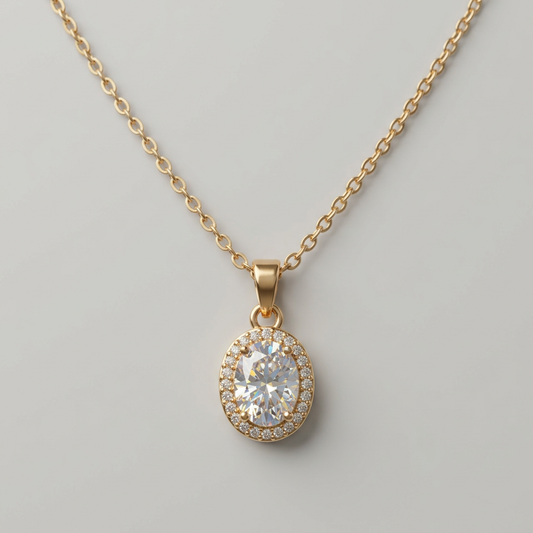 Oval Crystal Halo Pendant Necklace for Women