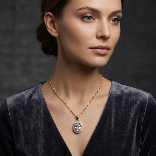 Oval Crystal Halo Pendant Necklace for Women
