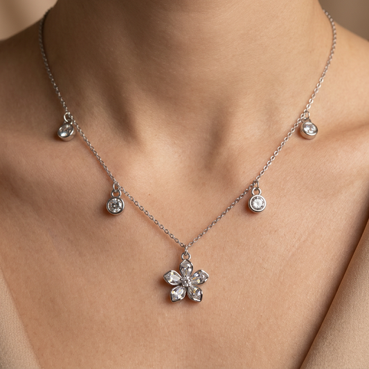 Crystal Flower Charm Necklace for Women