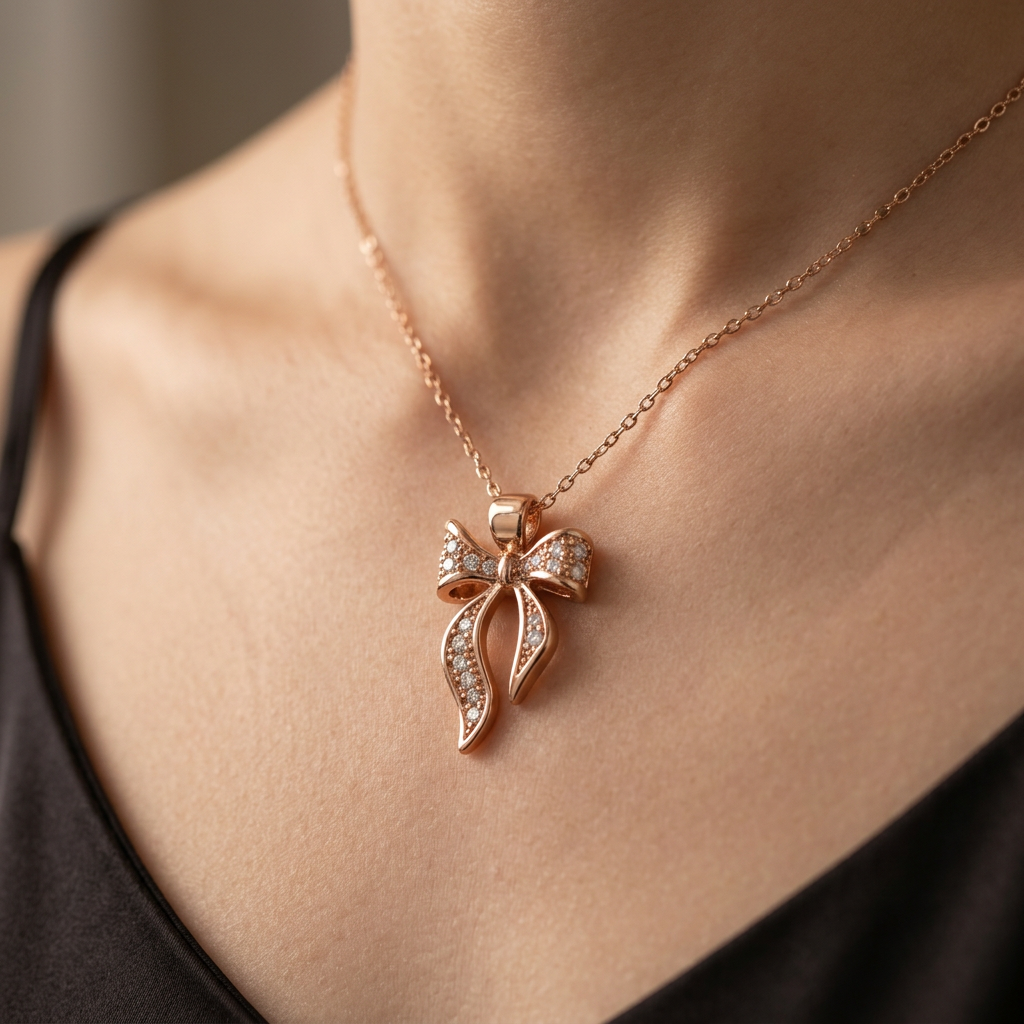 Crystal Bow Pendant Necklace for Women