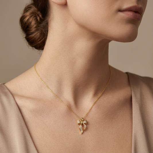 Crystal Bow Pendant Necklace for Women