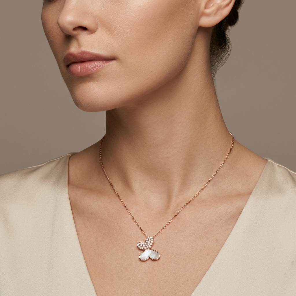 Crystal Double Heart Pendant Necklace for Women