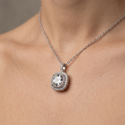 Cushion Cut Crystal Halo Pendant Necklace for Women