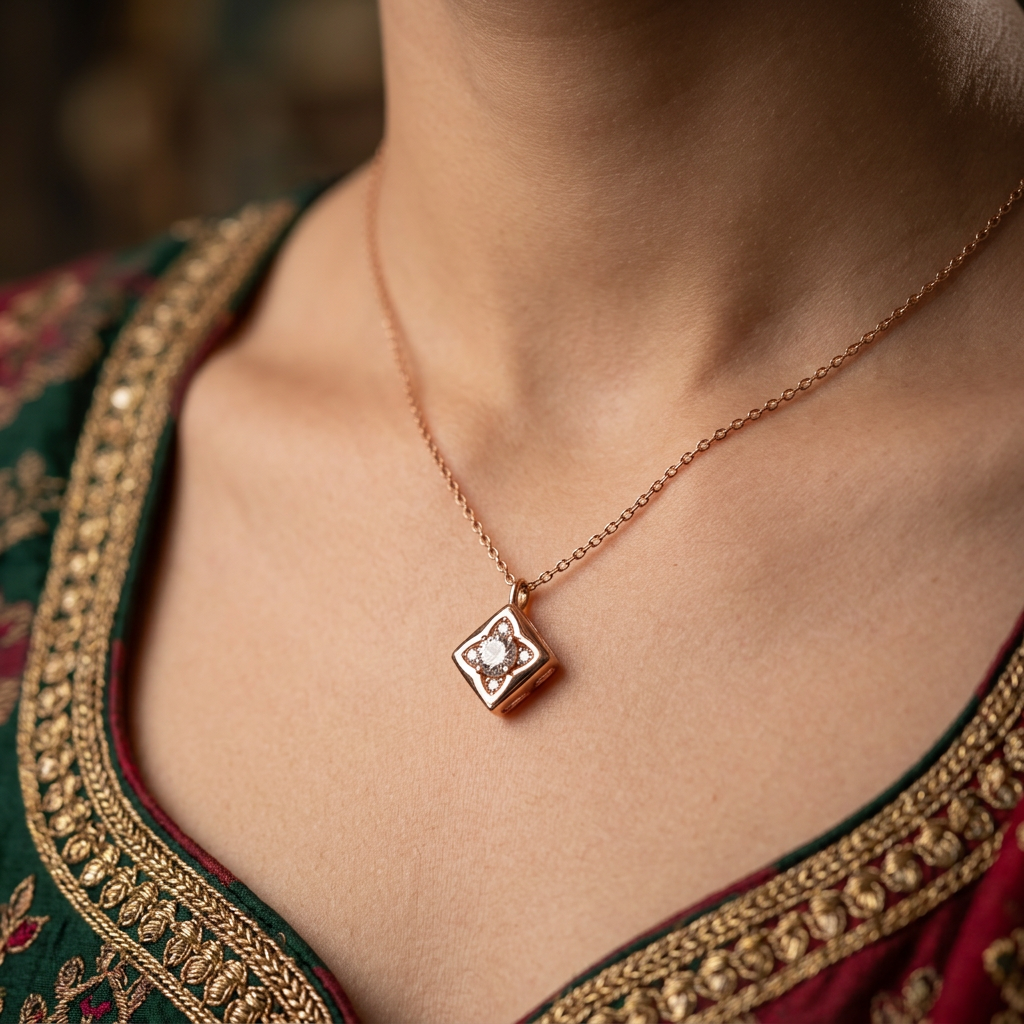 Rose Gold Square Crystal Pendant Necklace