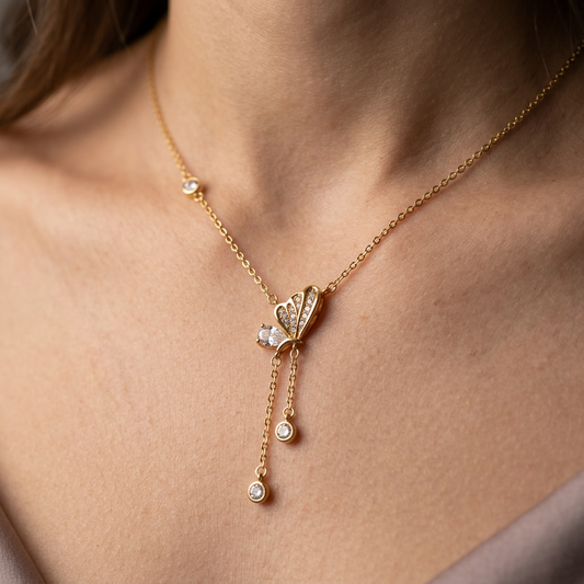 Gold Butterfly Tassel Crystal Necklace