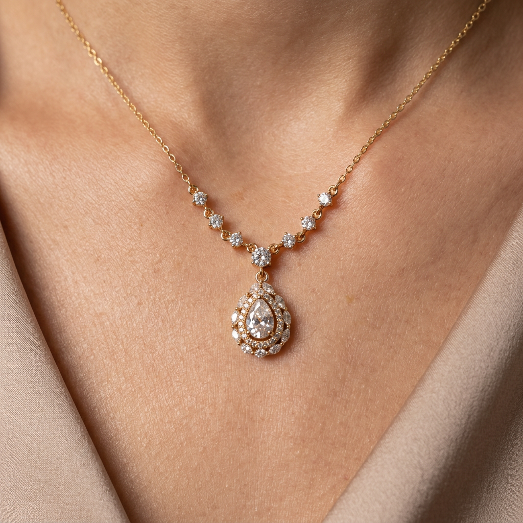Gold Teardrop Crystal Pendant Necklace