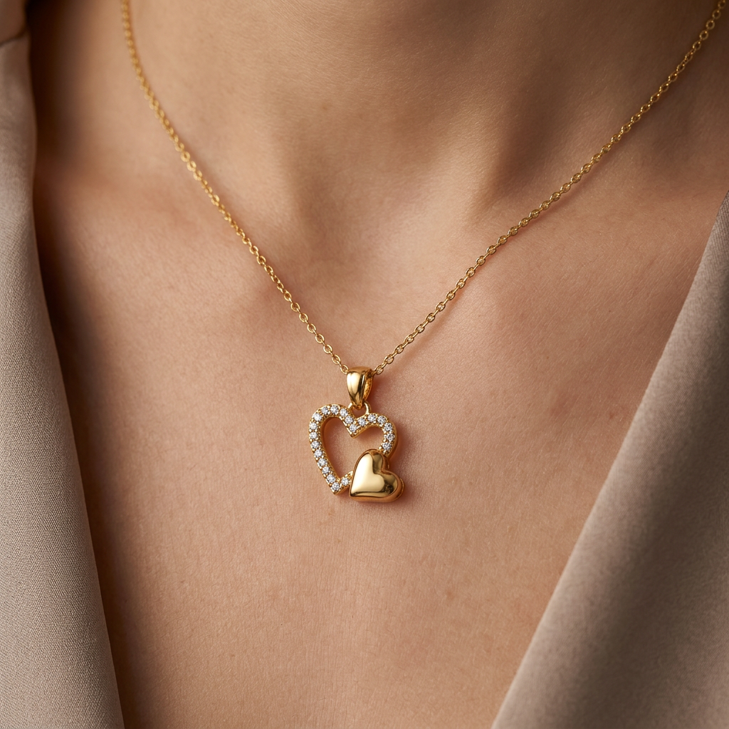 Gold Double Heart Crystal Pendant Necklace