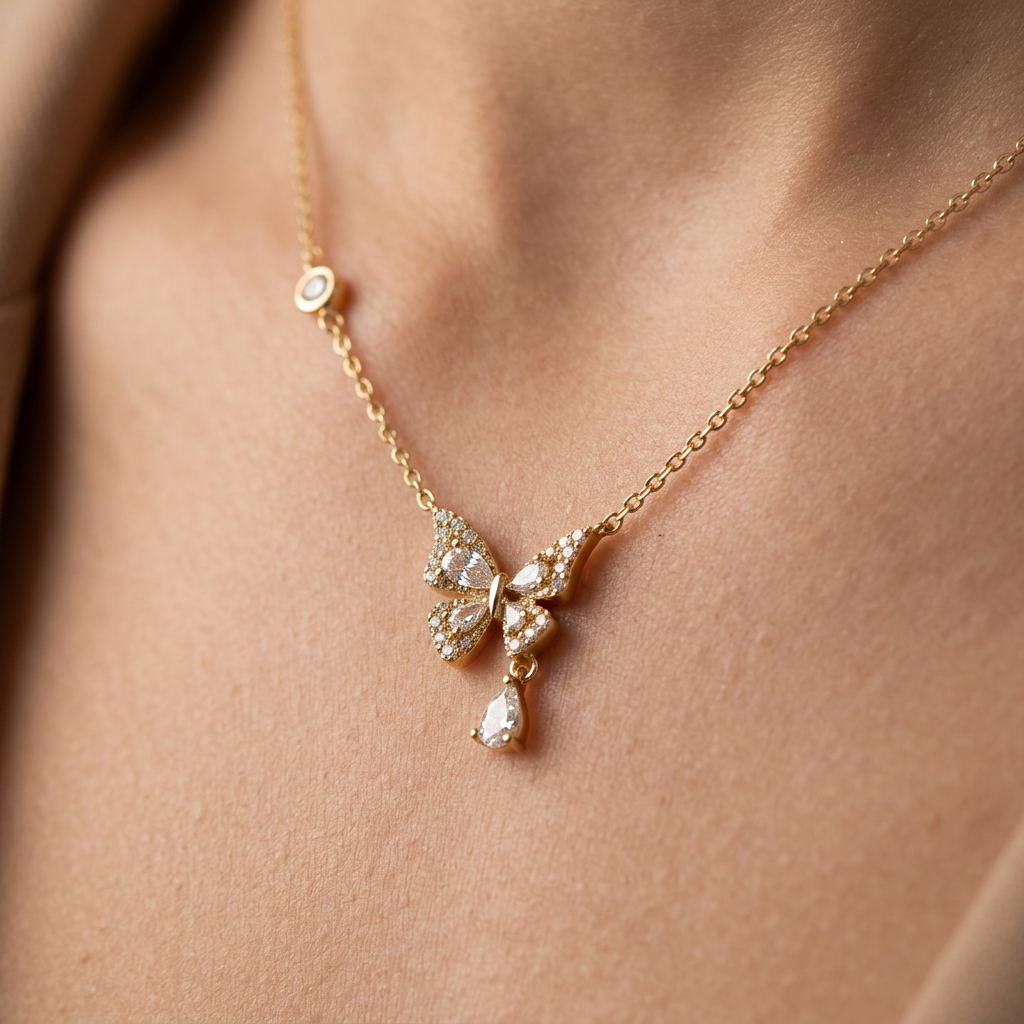 Gold Butterfly Crystal Pendant Necklace