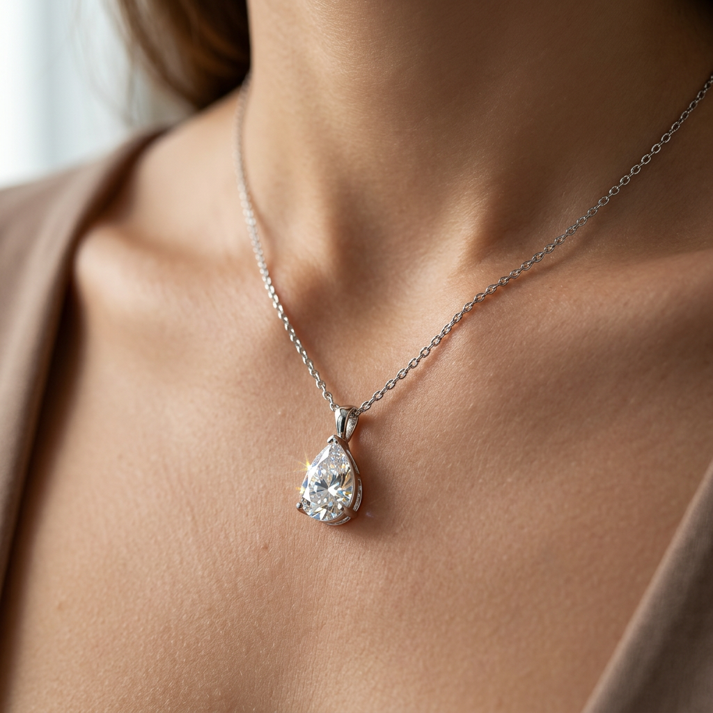 Silver Teardrop Crystal Pendant Necklace